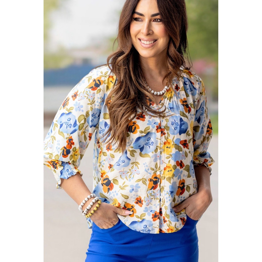 Bloomfield Blouse Boho Smocked Peasant Cropped Puff Sleeve